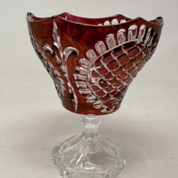Royal Retro Ruby Flash Red Diamond Cut Glass Candy Chalice Dish Fleur De Lis - Picture 2 of 3